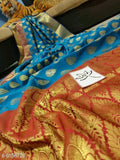 Blue Orange Handloom Weaving Banarasi Silk Sarees