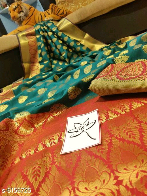 Green Orange Handloom Weaving Banarasi Silk Sarees