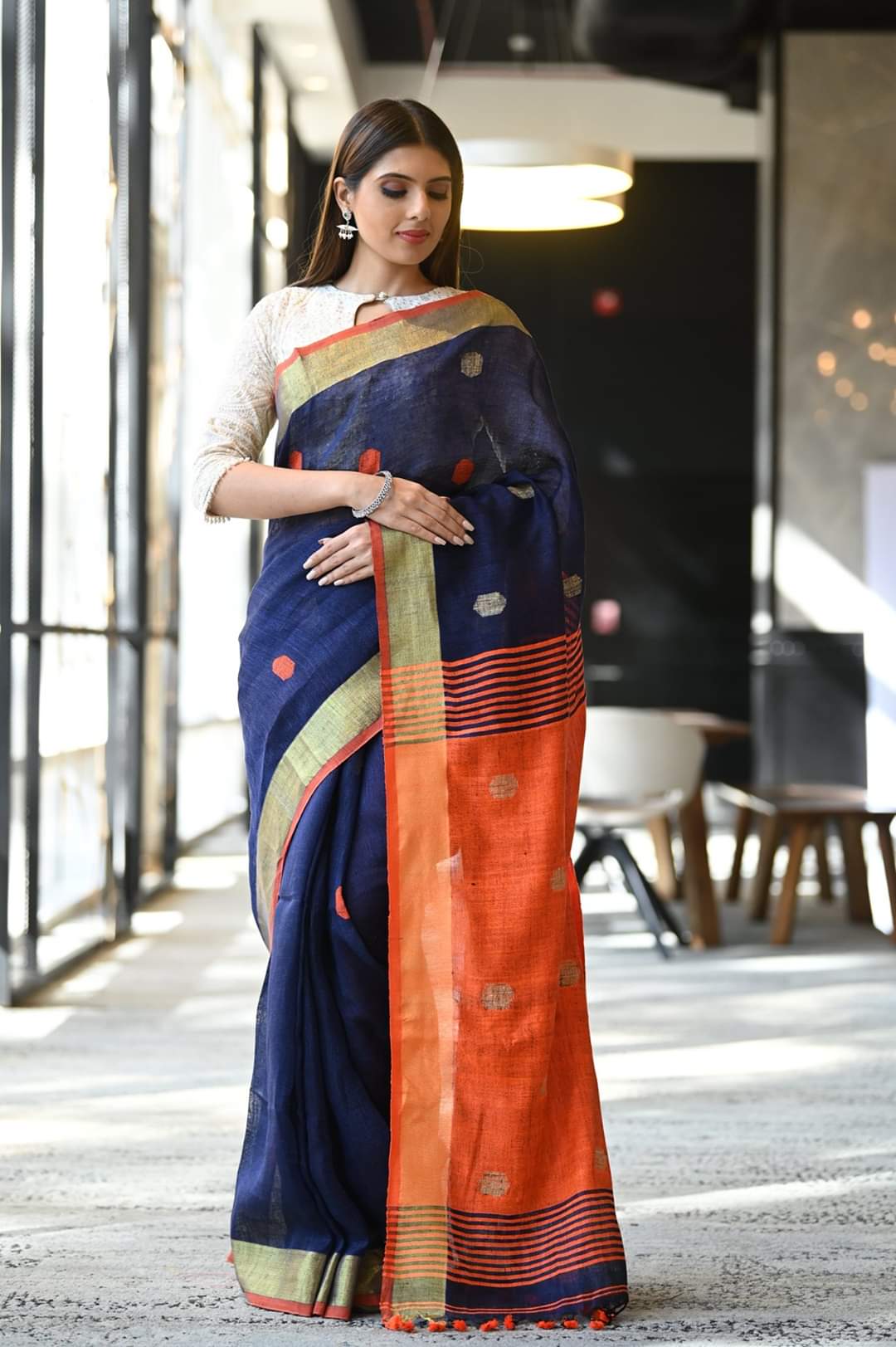 Blue Butta Pure Linen Sarees