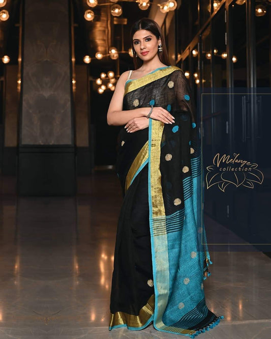 Black Butta Pure Linen Sarees