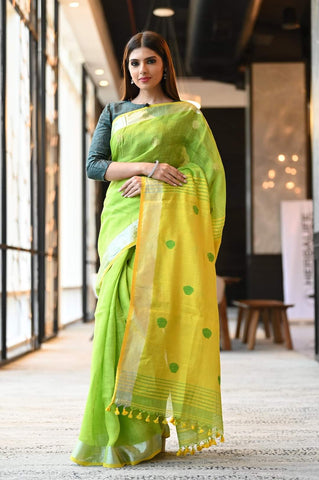 Yellow Green Butta Pure Linen Sarees