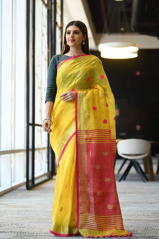 Yellow Butta Pure Linen Sarees