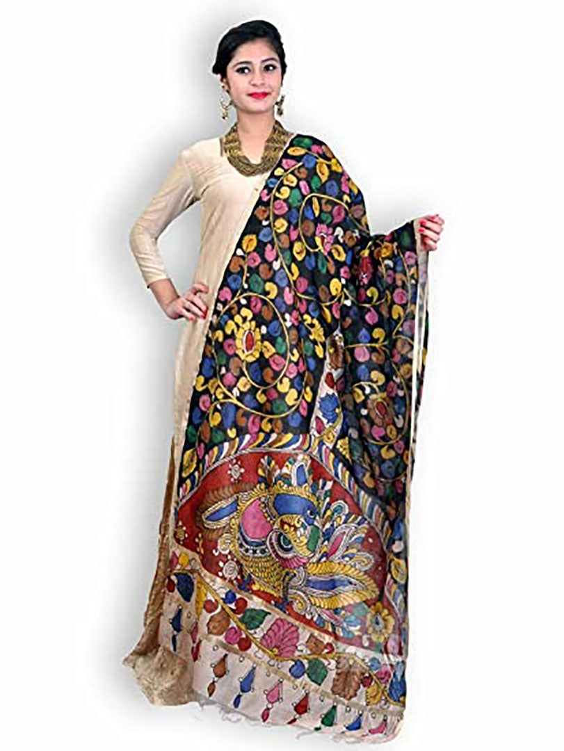 Hand Painted Kalamkari Design Pure Silk Mark Certified Tussar Silk Dupatta