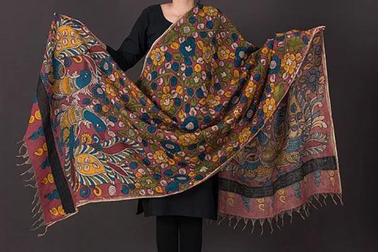 Hand Painted Kalamkari Design Pure Silk Mark Certified Tussar Silk Dupatta - Dailybuyys
