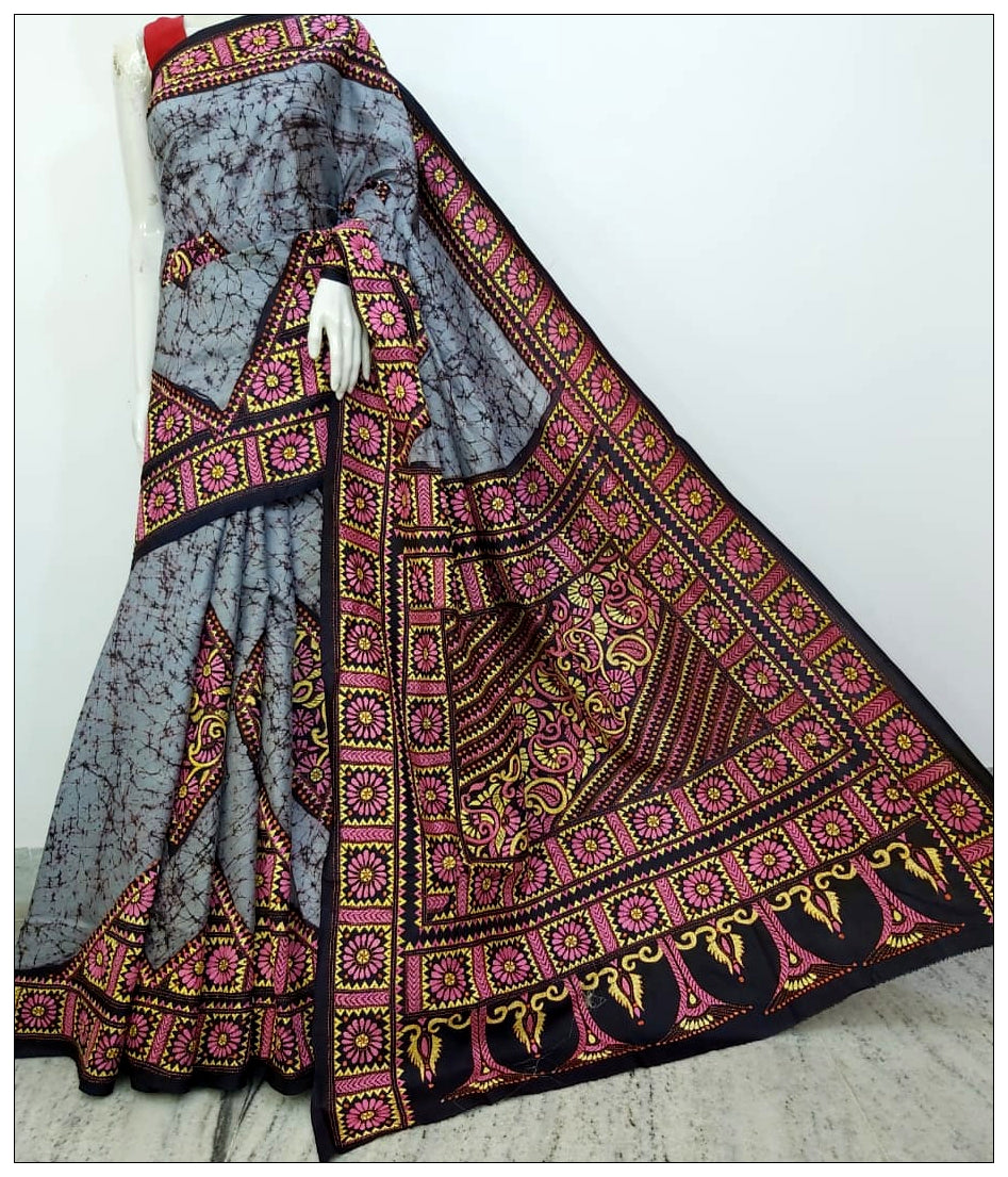 Multi Coloured Hand Embroidery Batik Hand Painted Kantha Stitch Saree