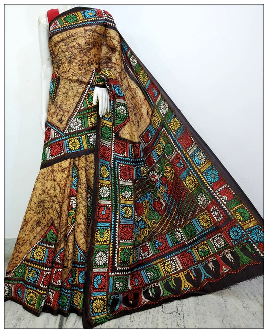 Multi Coloured Hand Embroidery Batik Hand Painted Kantha Stitch Saree