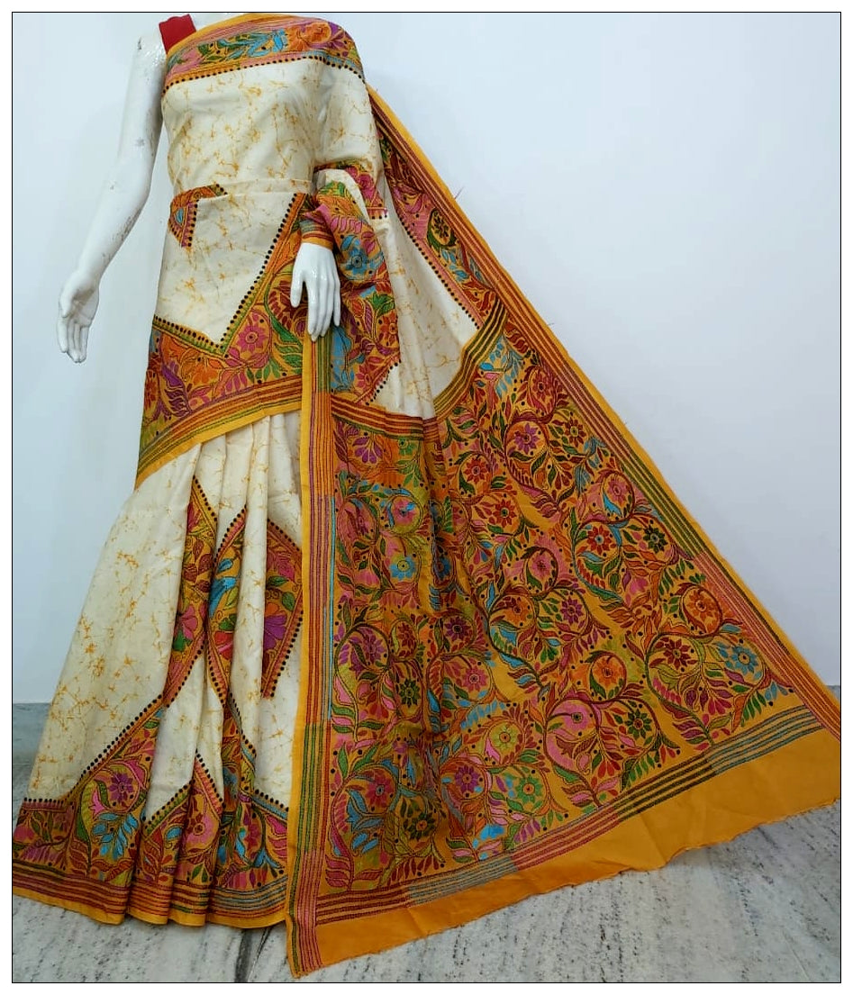 Multi Coloured Hand Embroidery Batik Hand Painted Kantha Stitch Saree