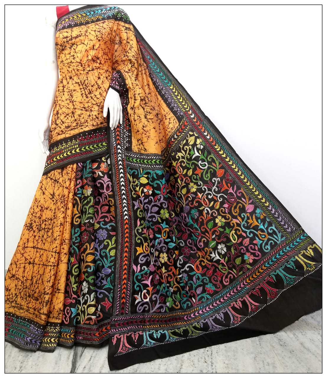 Multi Coloured Hand Embroidery Batik Hand Painted Kantha Stitch Saree