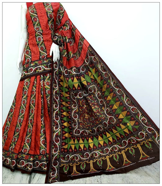 Multi Coloured Hand Embroidery Batik Hand Painted Kantha Stitch Saree