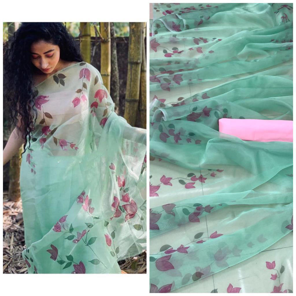 Green Pure Digital Print Organza Sarees