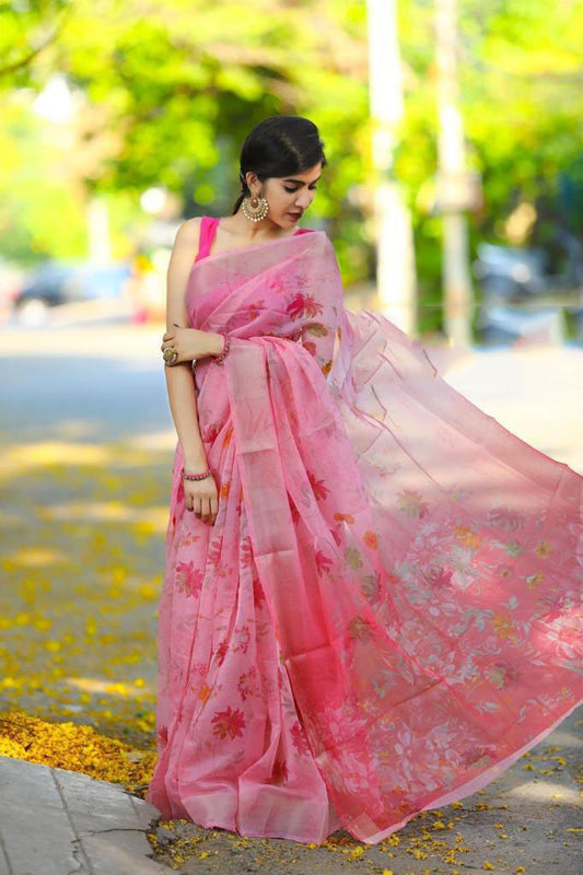 Pink Pure Digital Print Organza Sarees