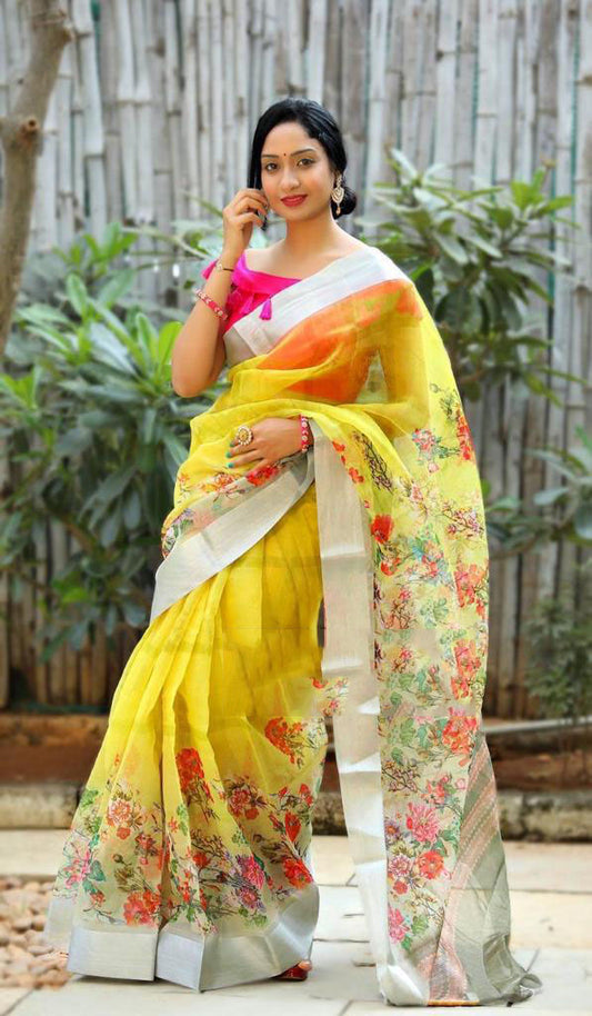 Yellow Pure Digital Print Organza Sarees