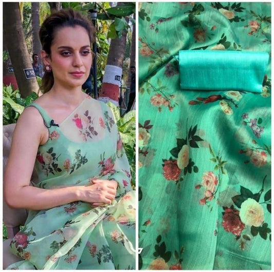 Green Pure Digital Print Organza Sarees