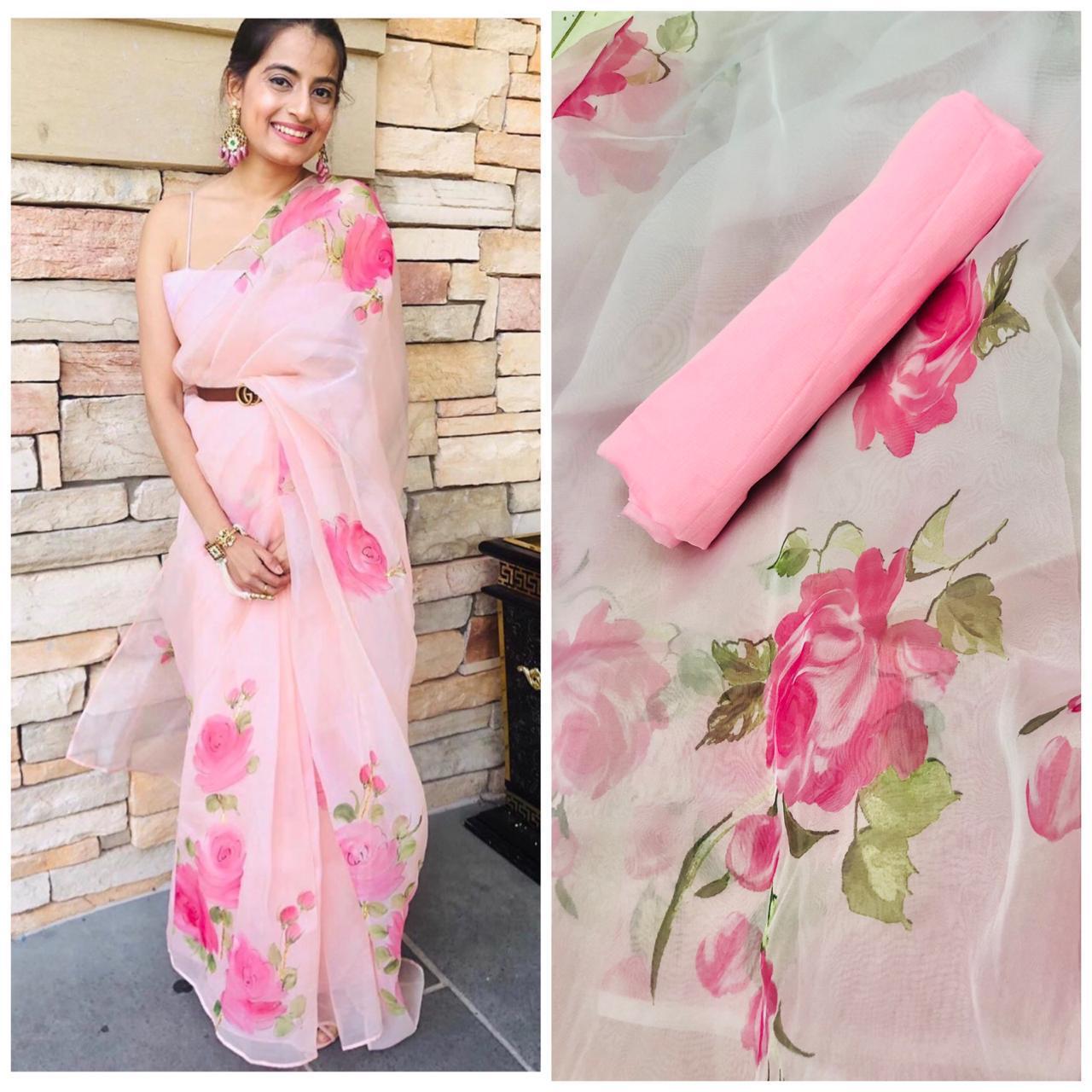 Pink Pure Digital Print Organza Sarees