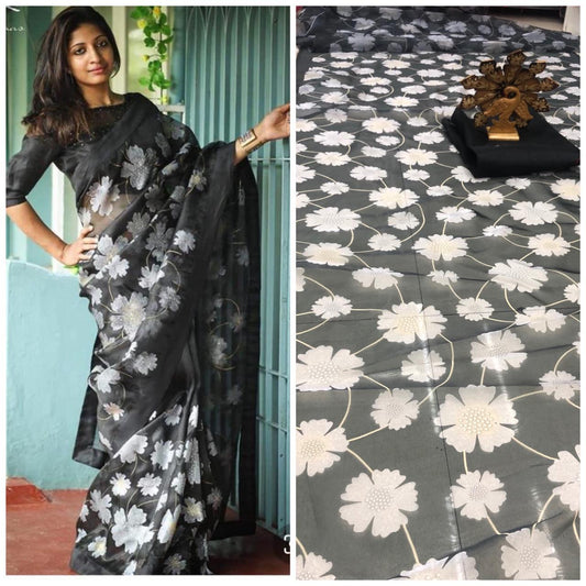 Black Pure Digital Print Organza Sarees