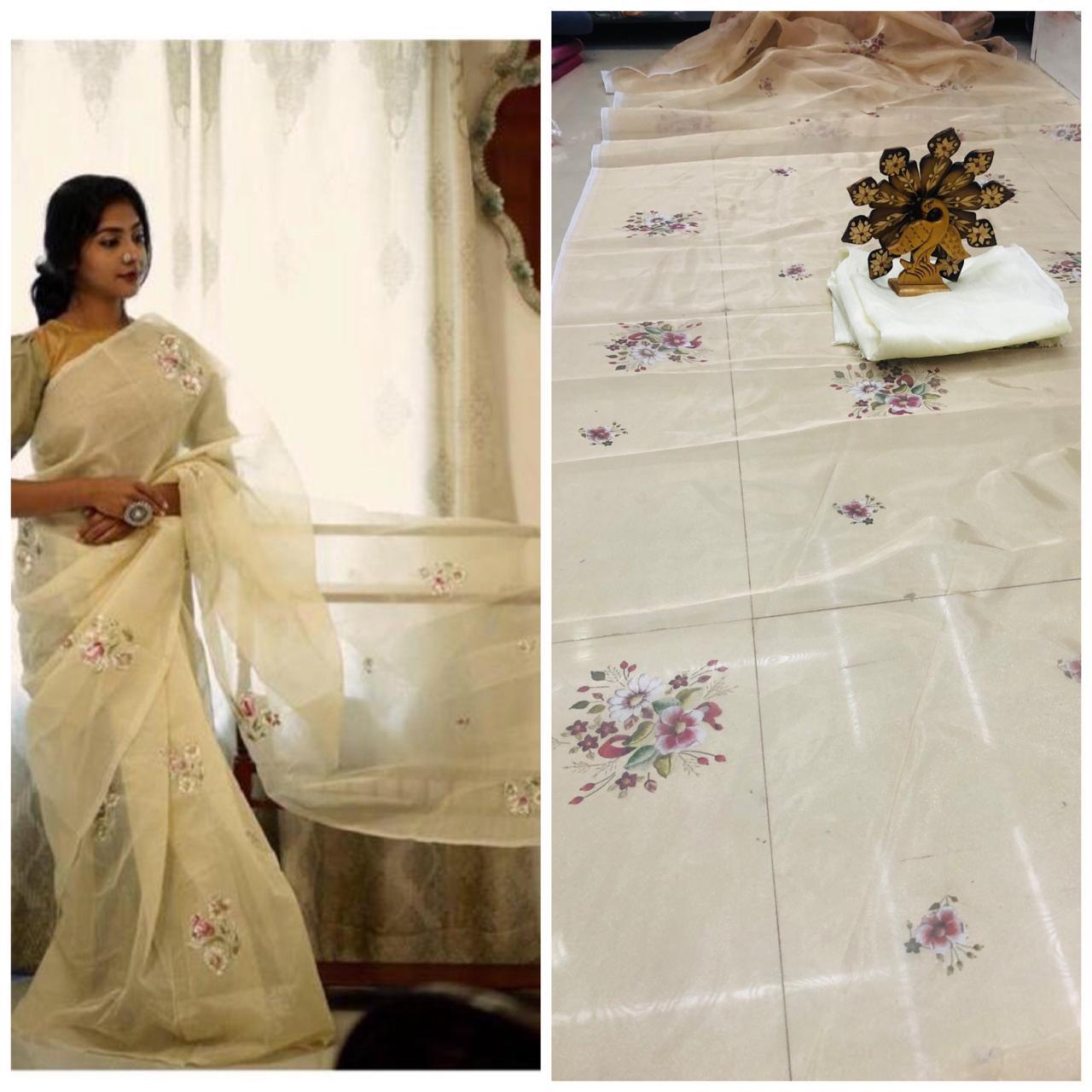 Beige Pure Digital Print Organza Sarees