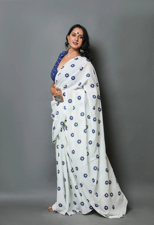 White Mulmul Batik Sarees