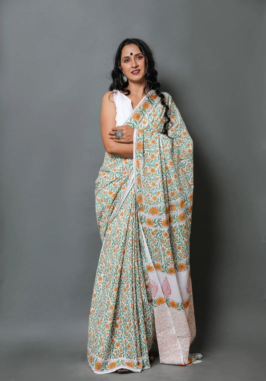 White-Green Floral Mulmul Batik Sarees