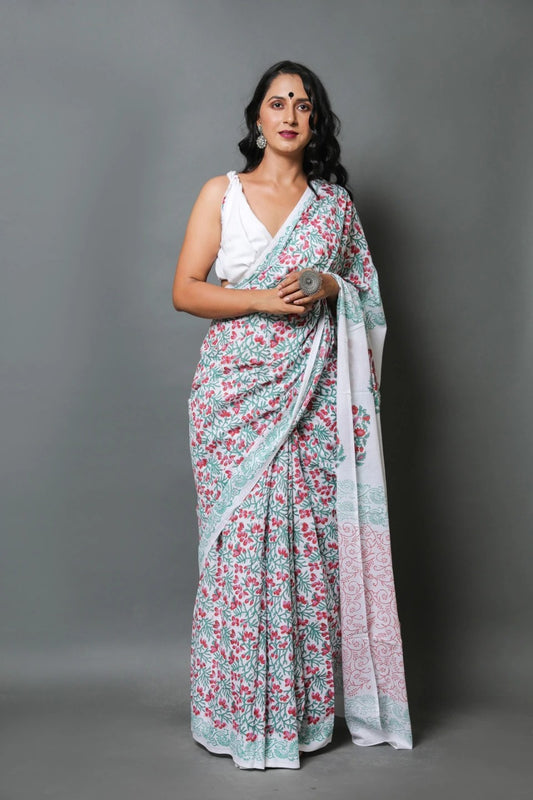 Pink-Green Floral Mulmul Batik Sarees