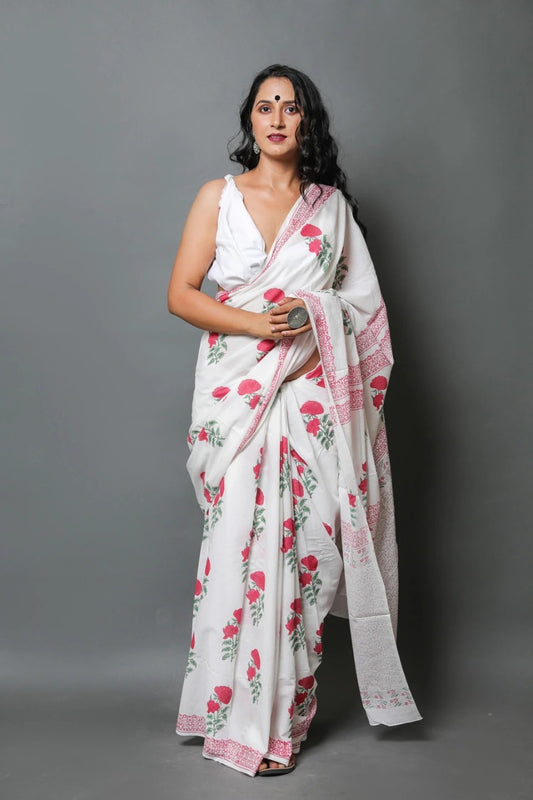 White with pink flower Mulmul Batik Sarees