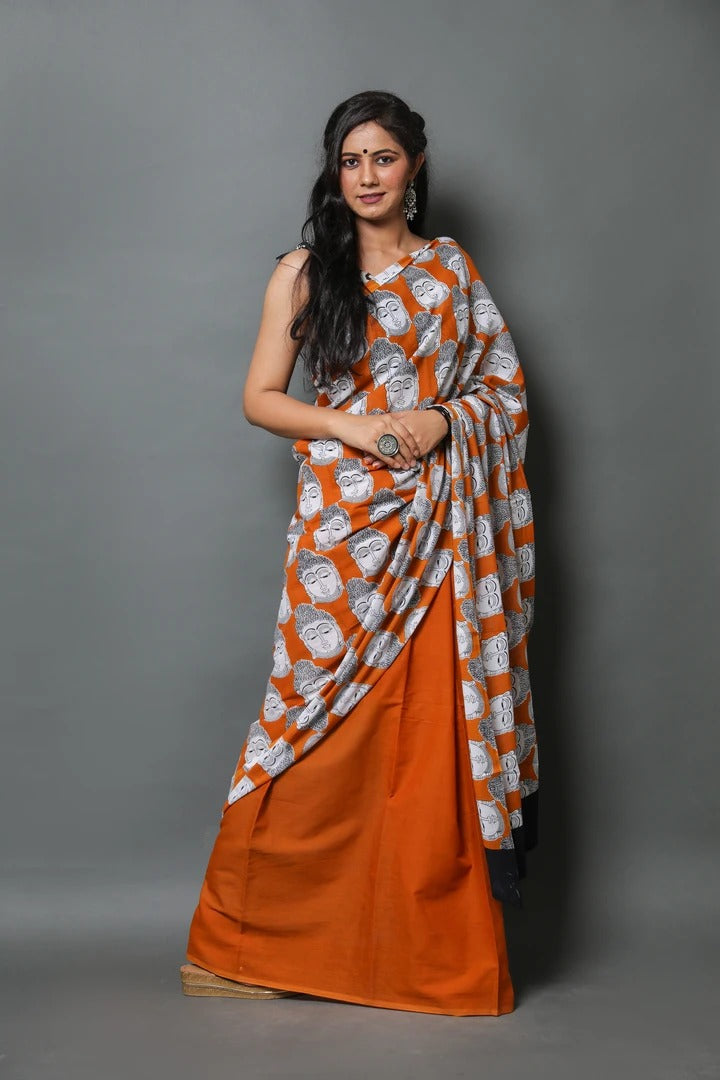 Orange Mulmul Batik Sarees