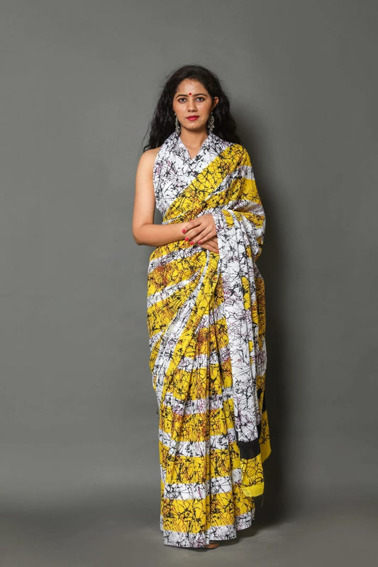 Yellow Mulmul Batik Sarees