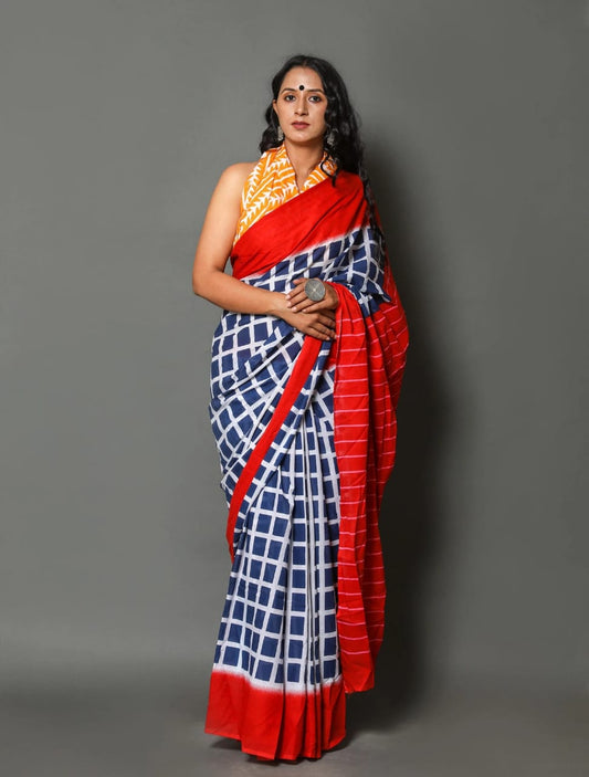 Blue Red Mulmul Batik Sarees