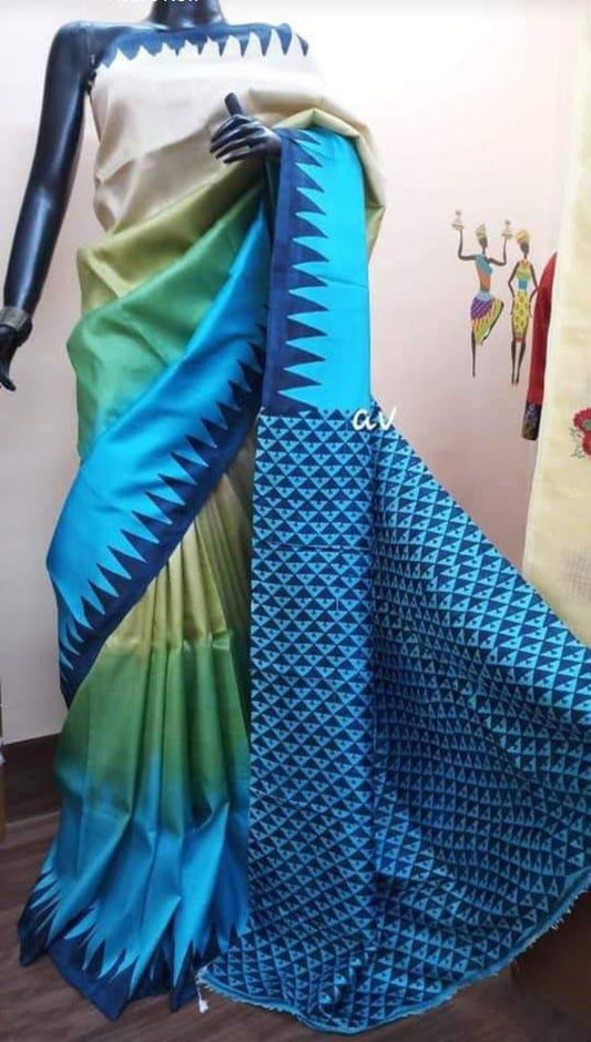 Green Blue Block Printed Pure Silk Mark Certified Bishnupuri Silk Sarees