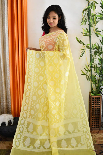 Yellow Soft Banarasi Pure Cotton Saree