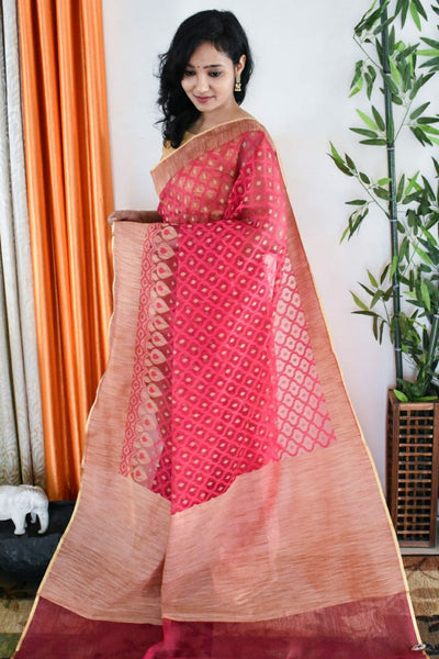 Pink Banarasi Soft Net Saree