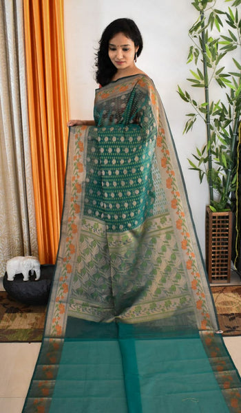 Green Banarasi Soft Pure Cotton Silk Saree