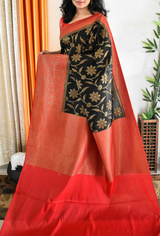 Red Banarasi Soft Pure Cotton Silk Saree Get Extra 10% Discount on All Prepaid Transaction
