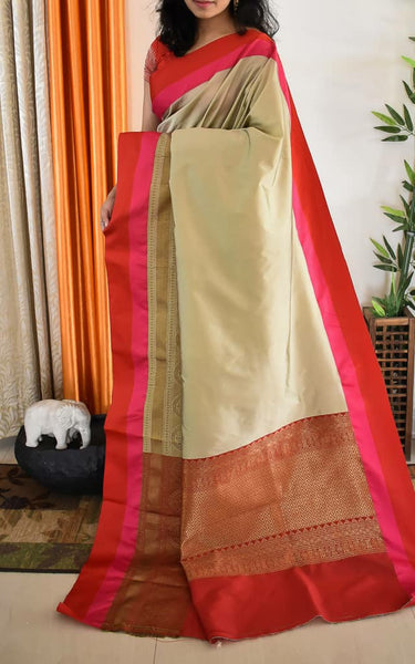 Beige Red Banarasi Semi Silk Saree