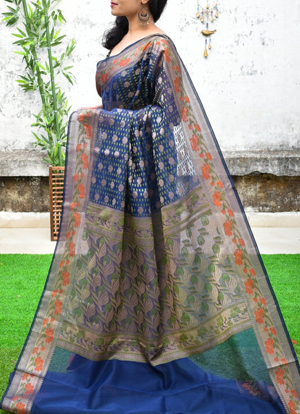 Blue Banarasi Pure Cotton Silk Saree
