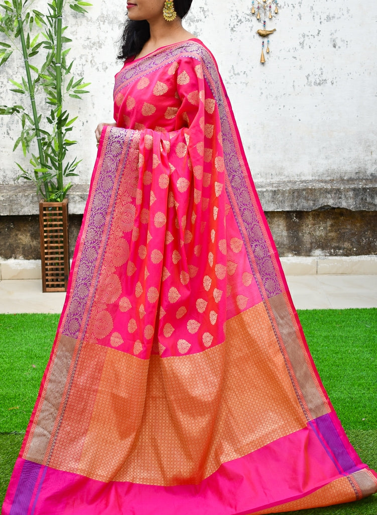 Pink Banarasi Pure Cotton Silk Saree Get Extra 10% Discount on All Prepaid Transaction