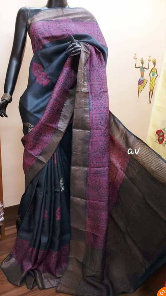 Black Block Printed Zari Border Pure Silk Mark Certified Tussar Silk Sarees