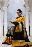 Yellow Block Printed Pure Silk Mark Certified Bishnupuri Silk Sarees
