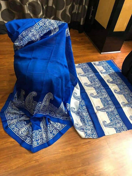 Blue Block Printed Pure Silk Mark Certified Bishnupuri Silk Sarees