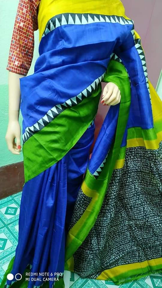 Blue Printed Pure Silk Mark Certified Bishnupuri Silk Sarees