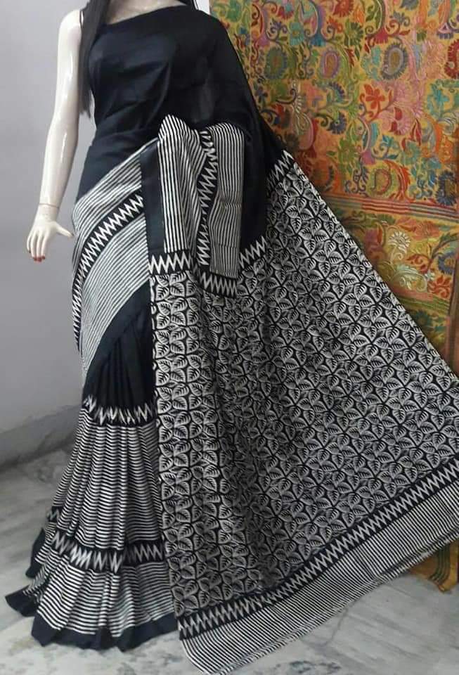 Grey Black Printed Pure Silk Mark Certified Bishnupuri Silk Sarees