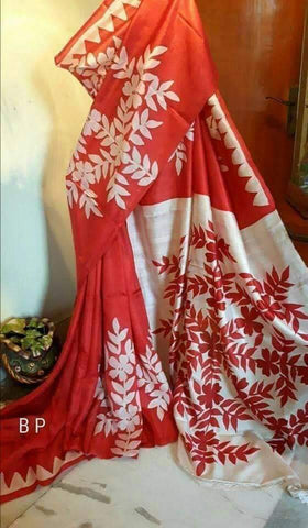 Red Hand Painted Pure Silk Mark Certified Bishnupuri Silk Sarees