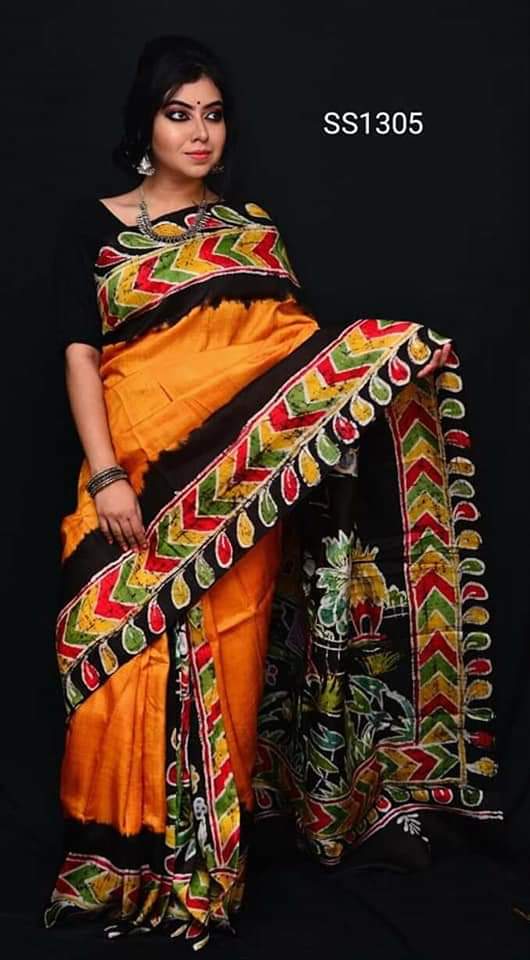 Yellow Hand Painted Pure Silk Mark Certified Bishnupuri Silk Sarees