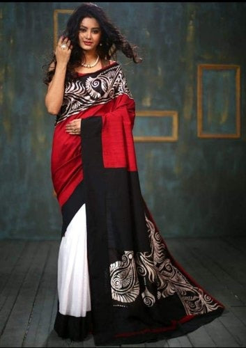 Red Black Wax Hand Batik Printed Pure Silk Mark Certified Bishnupuri Silk Sarees
