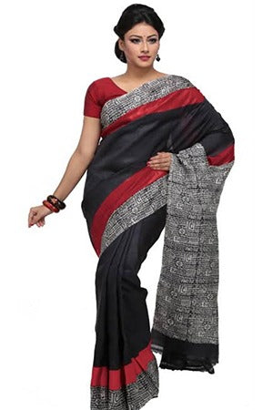 Black Red Block Printed Pure Silk Mark Certified Bishnupuri Silk Sarees