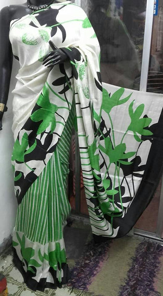 Green White Hand Painted Pure Silk Mark Certified Bishnupuri Silk Sarees