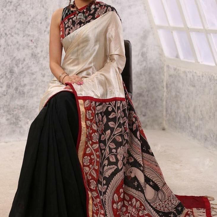 Beige Black Hand Painted Pure Plain Pure Silk Mark Certified Tussar Silk Kalamkari Sarees