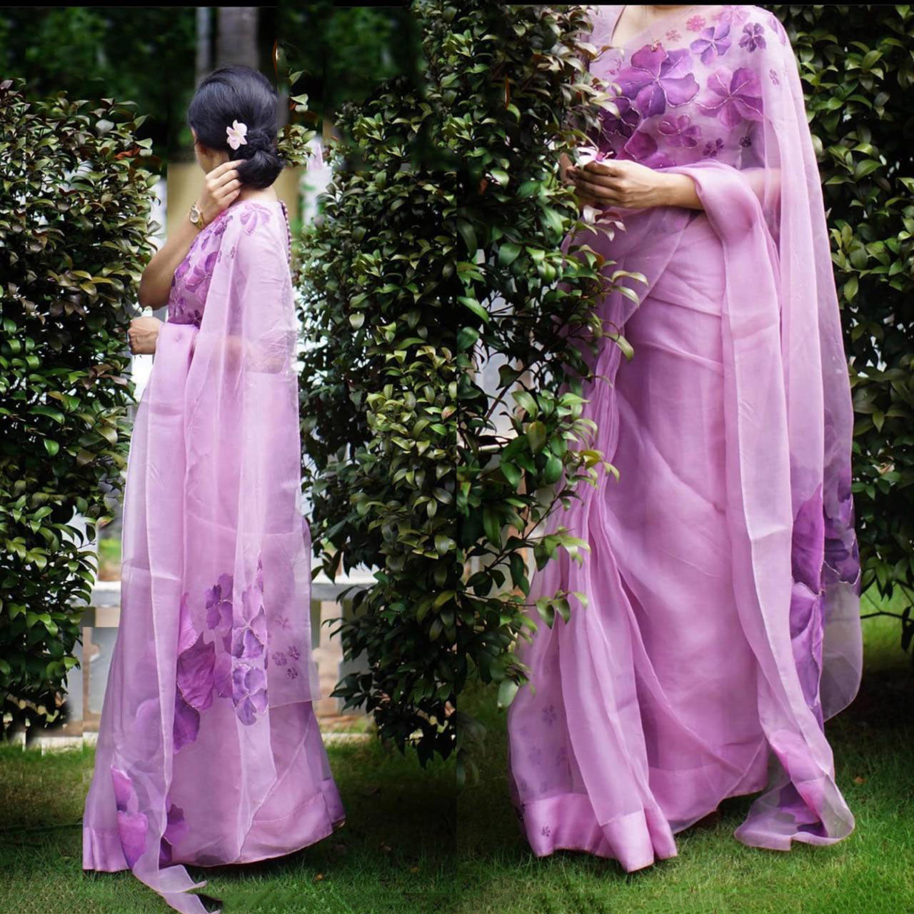 Purple Pure Digital Print Organza Sarees