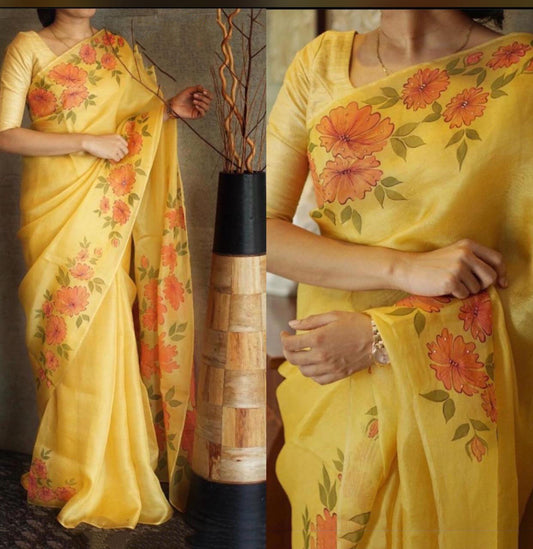 Yellow Pure Digital Print Organza Sarees