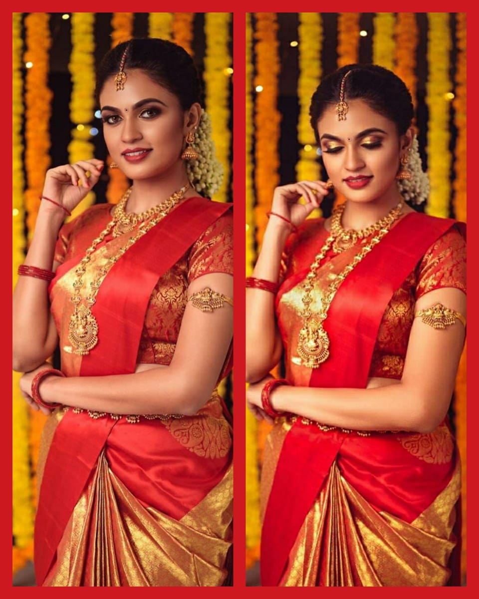 Red Yellow Kanjivaram Silk Sarees  Gold Pattern