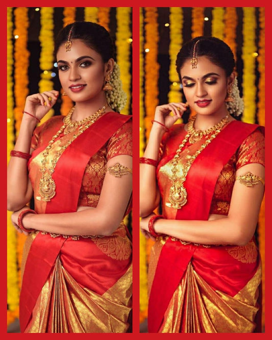 Red Yellow Kanjivaram Silk Sarees  Gold Pattern